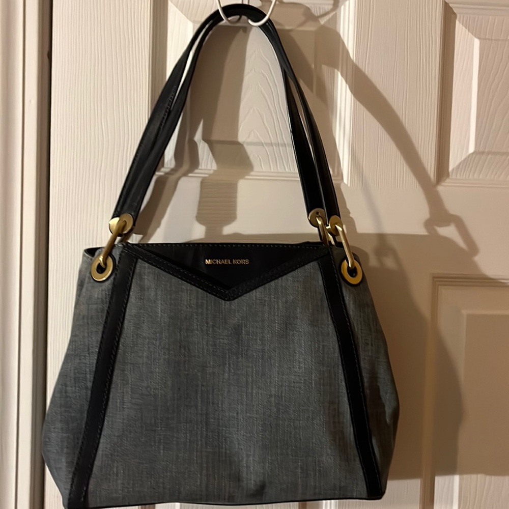 Michael Kors light jean fabric and navy leather purse.